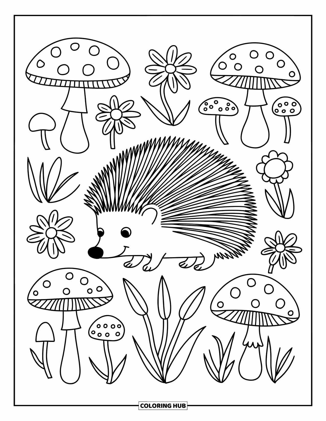 Stress Relief Coloring Page for Kids: Hedgehog relaxes in a forest filled with mushrooms and flowers