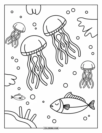 Coloriage anti-stress pour enfants : Des méduses dérivent au-dessus de poissons somnolents dans un monde sous-marin paisible