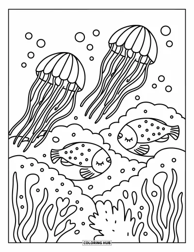 Coloriage anti-stress pour enfants : Des méduses dérivent tranquillement avec des poissons somnolents parmi les coraux et les bulles