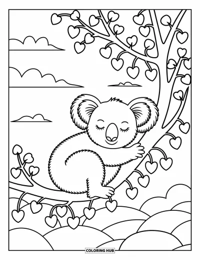 Coloriage anti-stress pour enfants : Un koala fait la sieste sous de doux nuages sur une branche feuillue