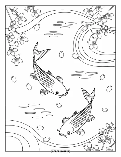 Coloriage anti-stress pour enfants : Des carpes koï et des pétales tourbillonnent ensemble dans un étang serein
