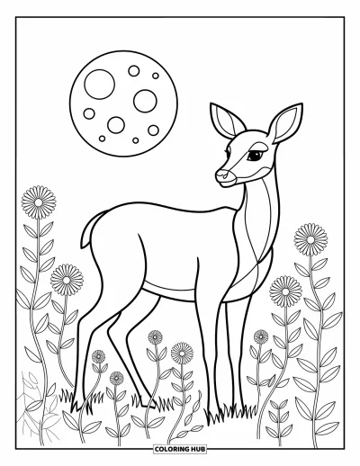 Coloriage anti-stress pour enfants : Le clair de lune baigne un cerf et des fleurs sauvages d'une douce lumière