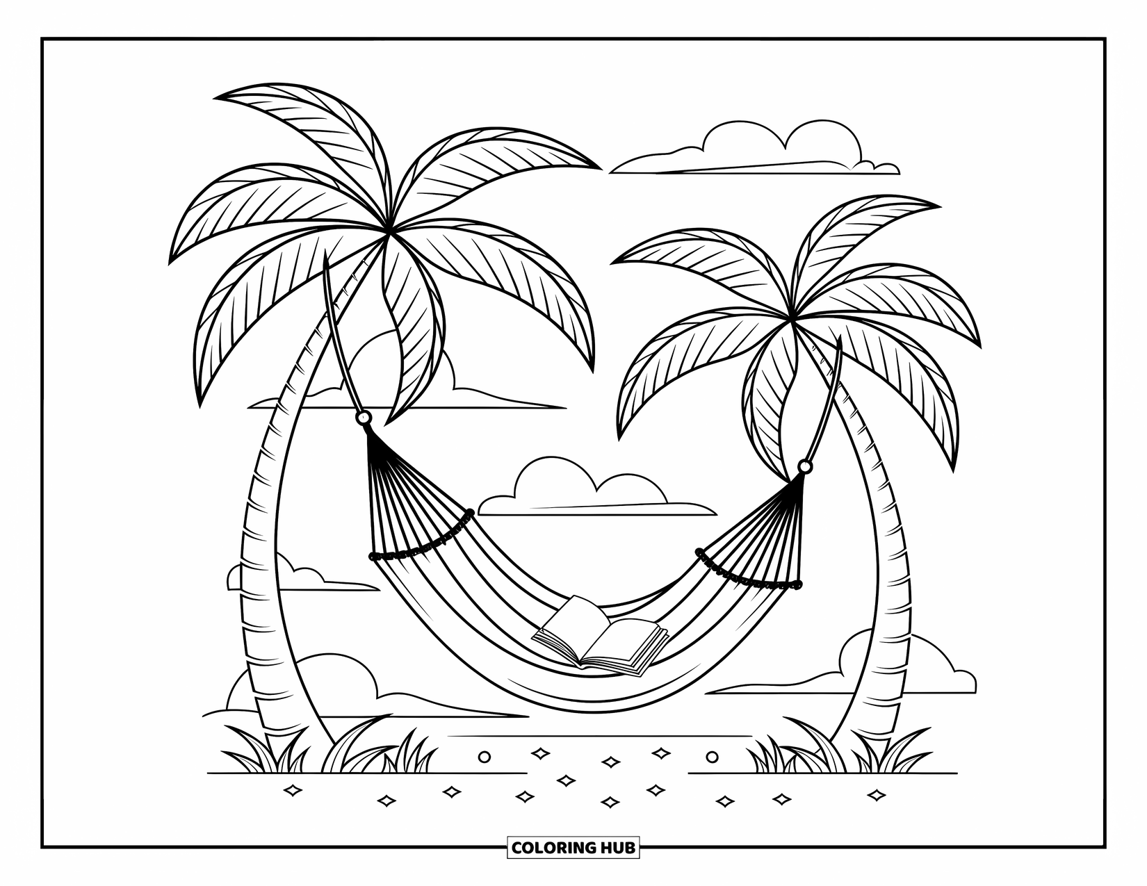 Stress Relief Coloring Page for Kids: Palm trees hold a hammock near a quiet beach and clouds