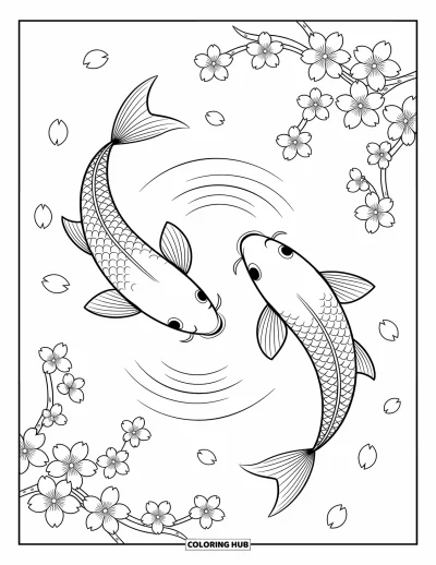 Coloriage anti-stress pour enfants : Des pétales de sakura dérivent au-dessus d'un étang rempli de gracieuses carpes koï