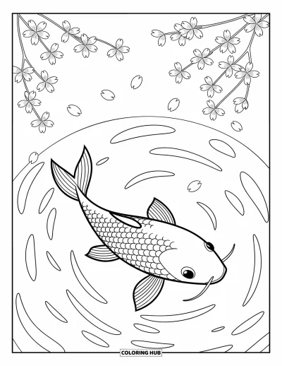 Coloriage anti-stress pour enfants : Des pétales de sakura tombent sur les remous d'un étang rempli de carpes koï