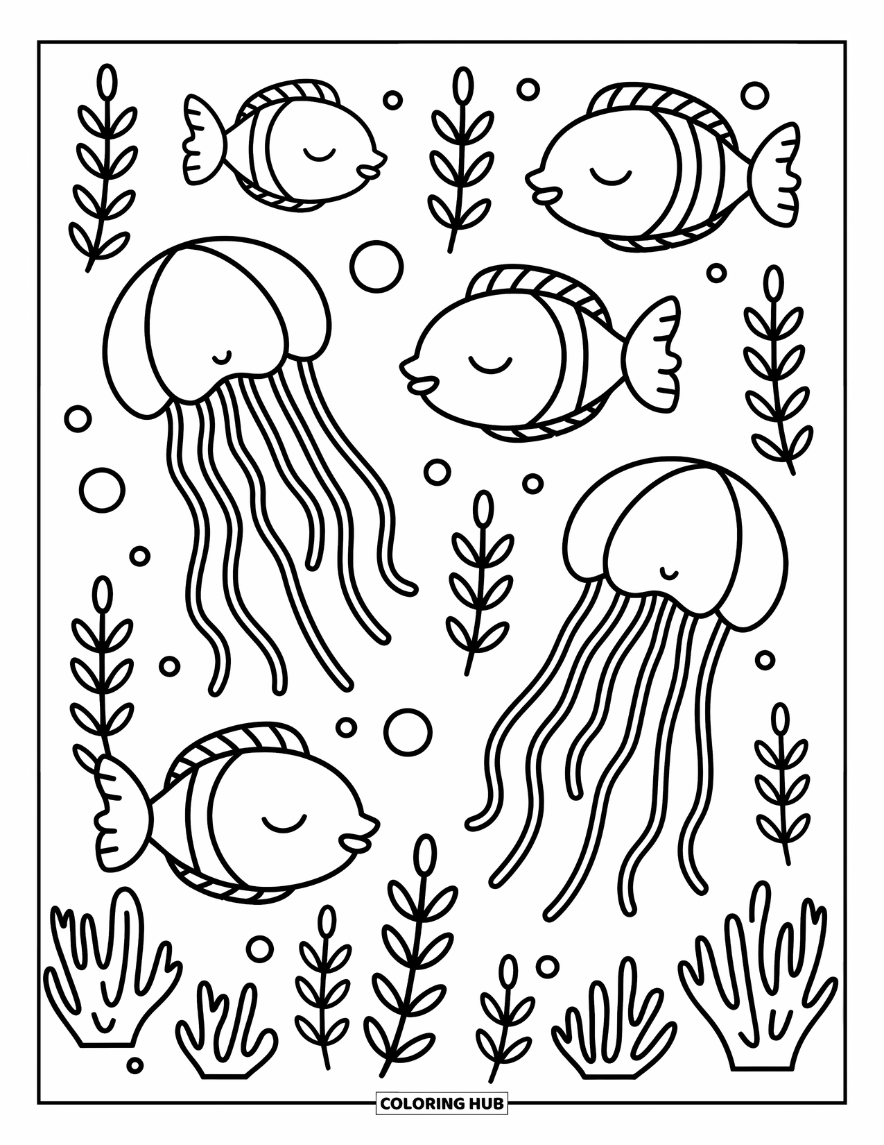 Stress Relief Coloring Page for Kids: Sleepy fish and jellyfish float gently among coral and seaweed