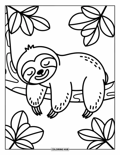 Coloriage anti-stress pour enfants : Un paresseux fait la sieste sur une branche entourée de grandes feuilles douillettes
