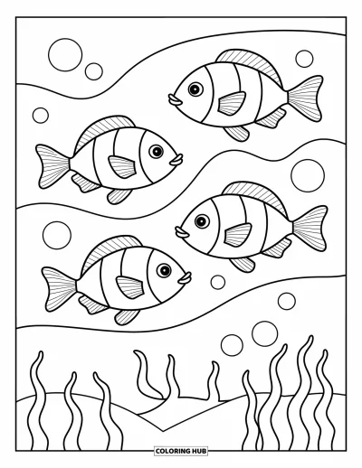 Coloriage anti-stress pour enfants : Des poissons souriants nagent doucement dans de simples vagues avec des bulles flottantes