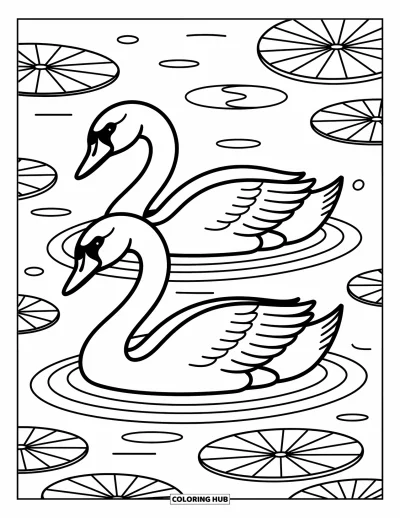 Coloriage anti-stress pour enfants : Des cygnes glissent parmi les nénuphars dans un étang paisible