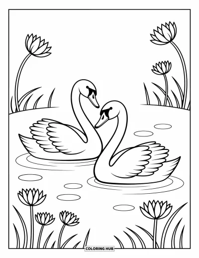 Coloriage anti-stress pour enfants : Deux cygnes flottent sur un étang couvert de lys dans une harmonie tranquille