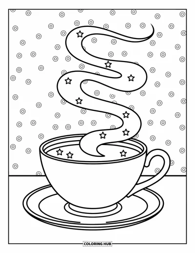 Coloriage anti-stress pour enfants : Une douce vapeur tourbillonne depuis une tasse de thé baignée d'étoiles