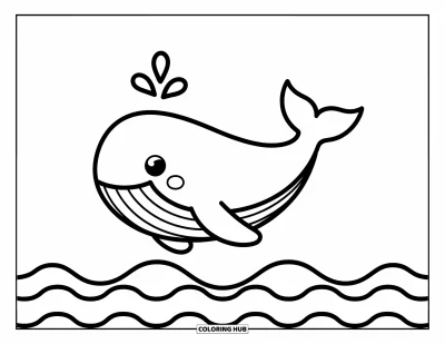 Coloriage anti-stress pour enfants : Une baleine flotte doucement au-dessus de vagues calmes, prête à être colorée