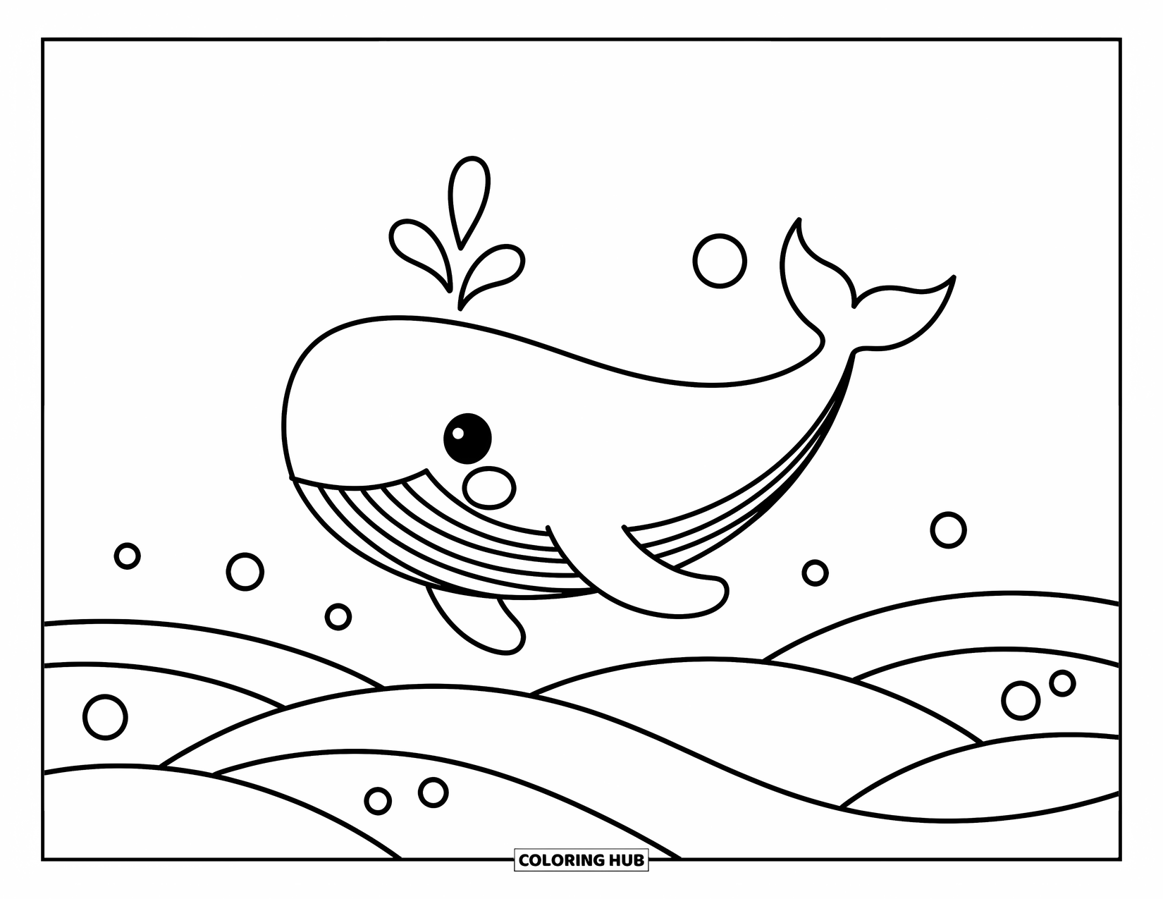 Stress Relief Coloring Page for Kids: Whale glides peacefully over wavy ocean lines