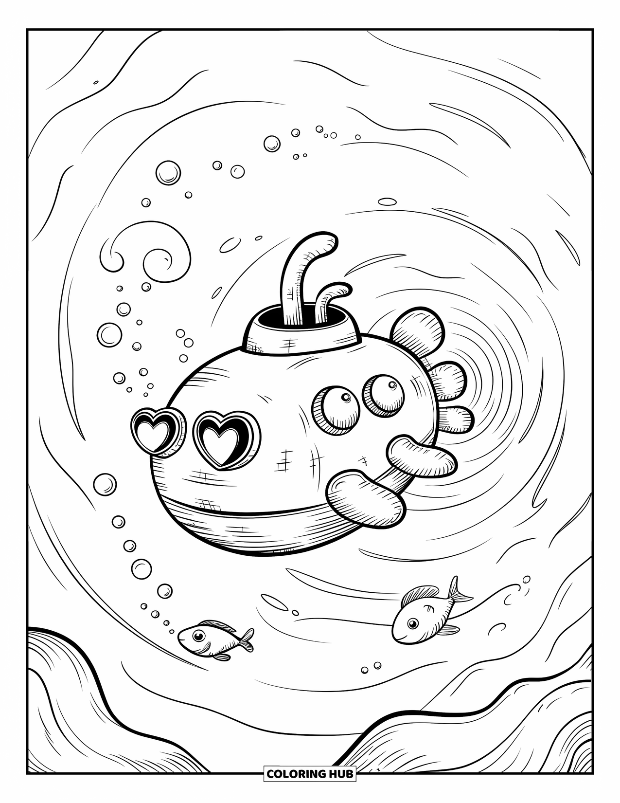 Submarine Coloring Page for Adults: A baby submarine with heart portholes floats in bubbles with curious fish