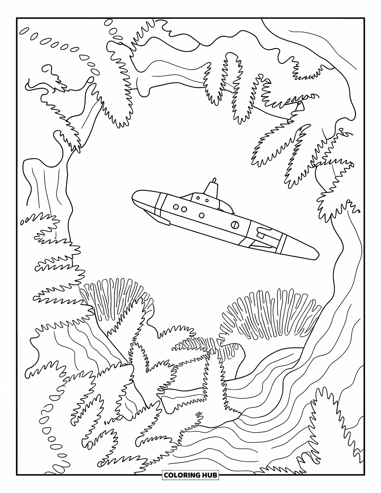 Submarine Coloring Page for Adults: A deep-sea submarine lights up a cave filled with sharp, spiked corals