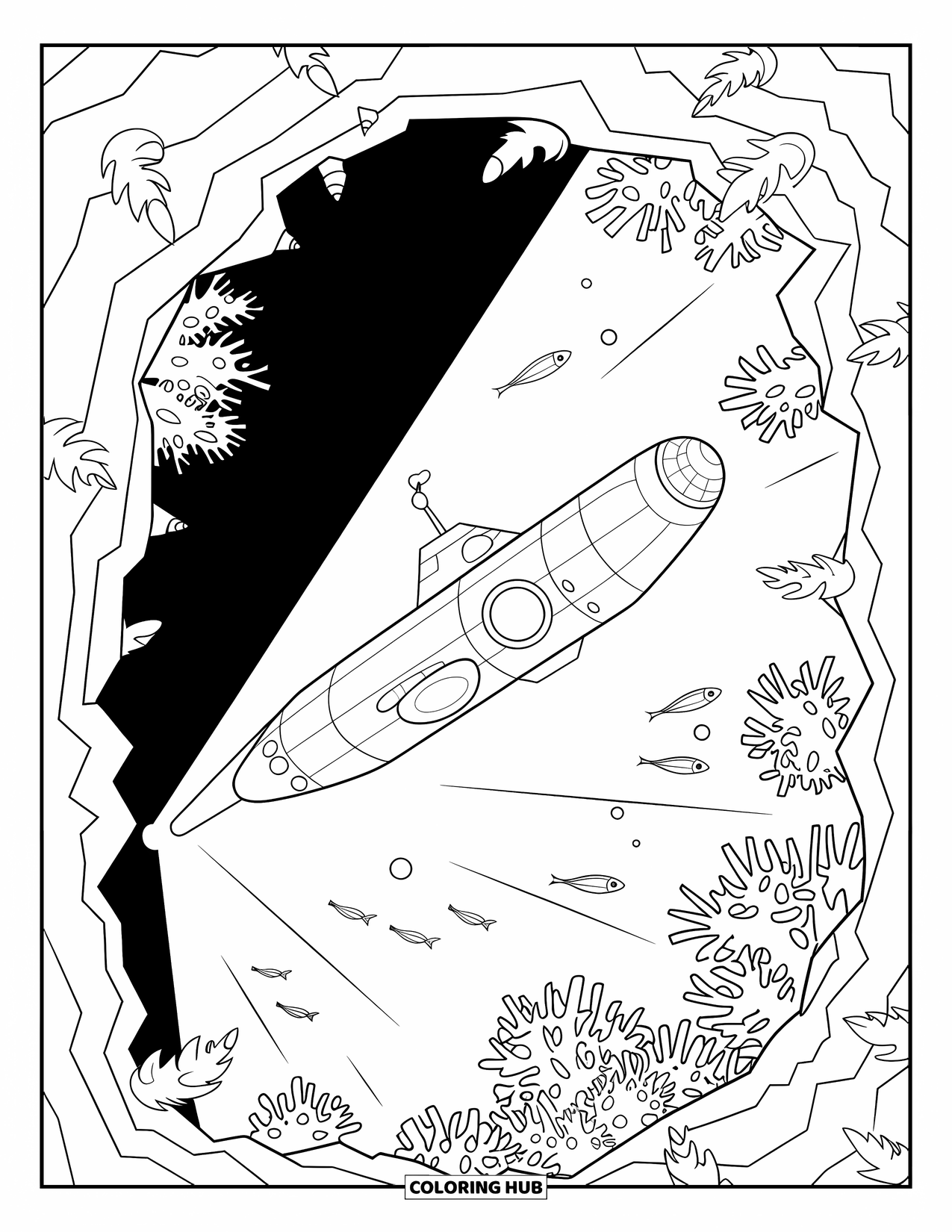 Submarine Coloring Page for Adults: A glowing submarine reveals jagged corals inside a hidden underwater cave