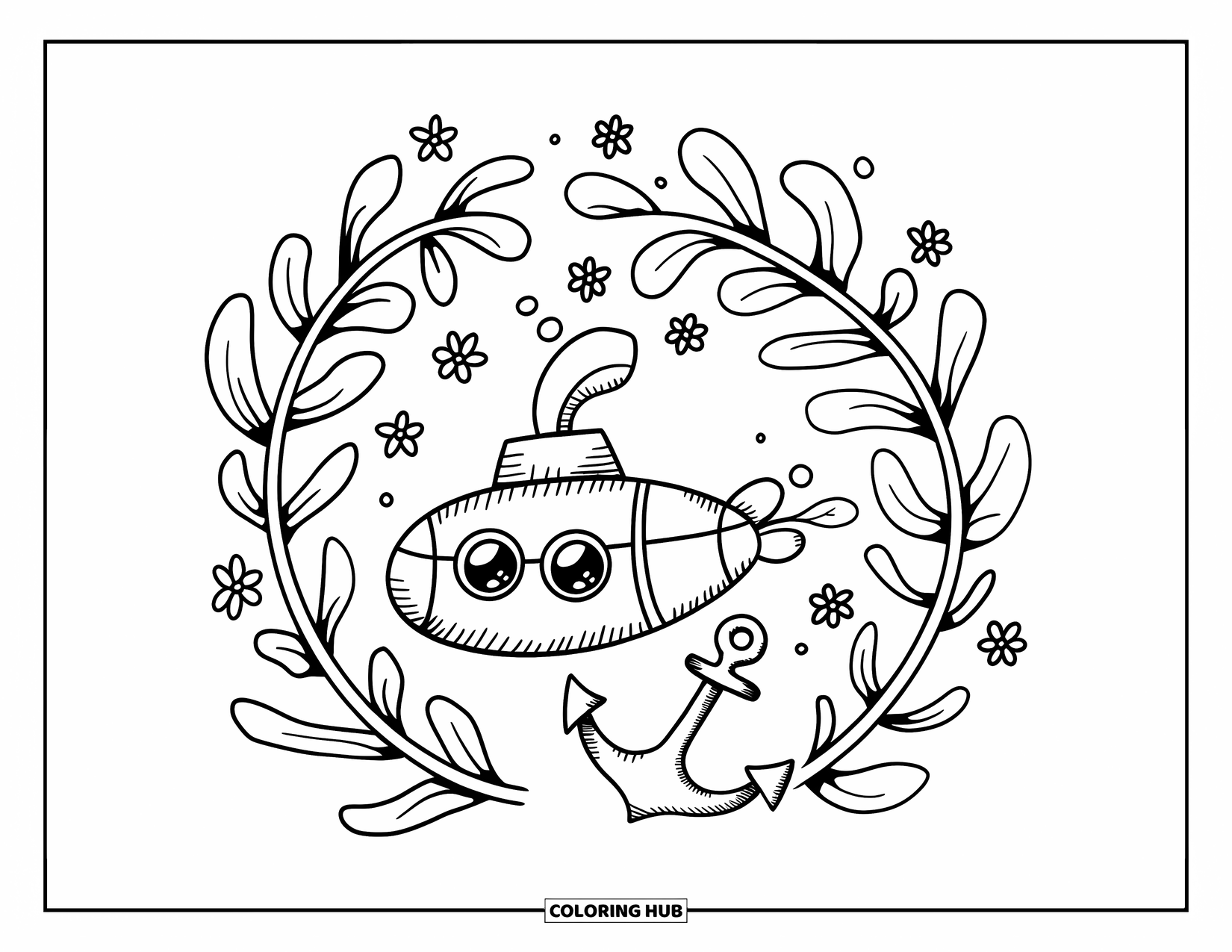 Submarine Coloring Page for Adults: A kawaii submarine swings with the current, surrounded by seaweed and tiny flowers