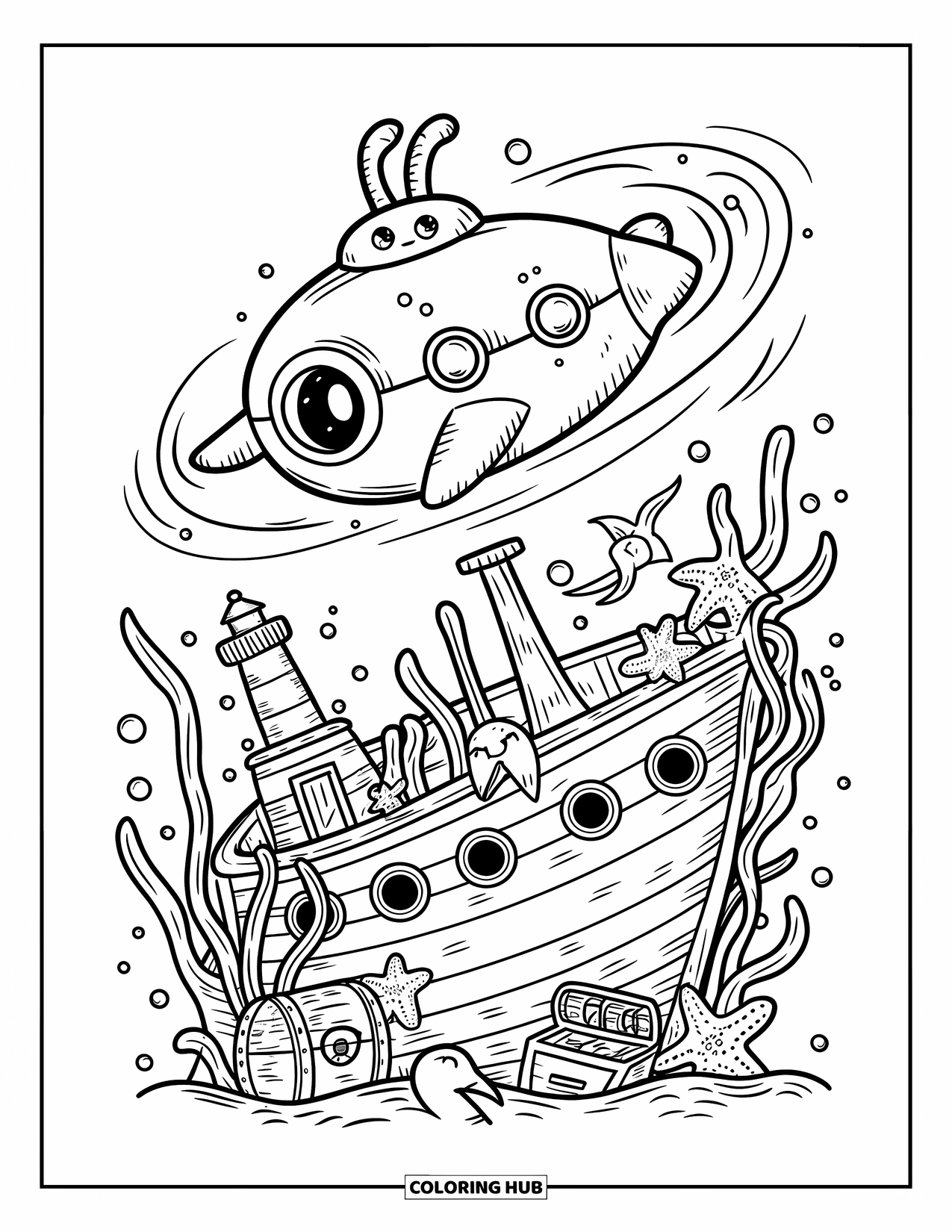 Submarine Coloring Page for Adults: A playful submarine circles a shipwreck with treasure, a lighthouse, and a seagull