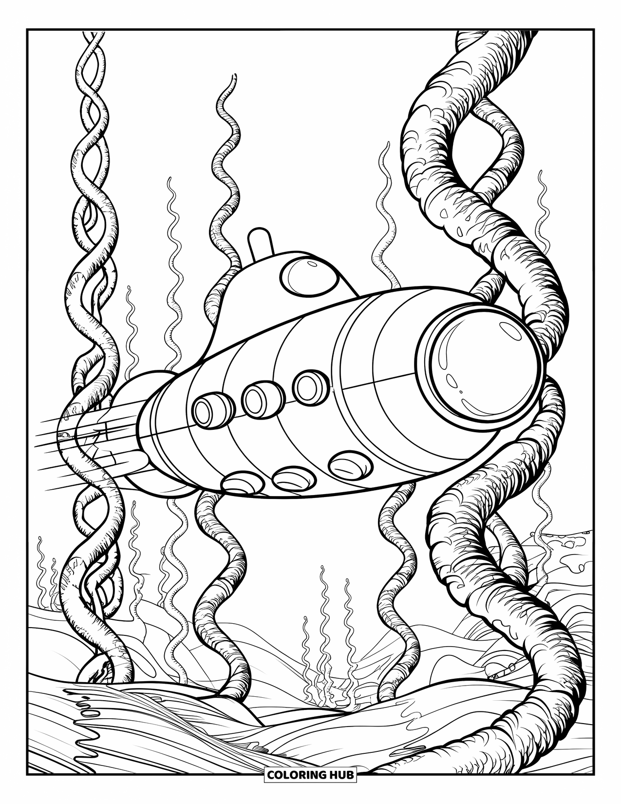 Submarine Coloring Page for Adults: A sleek submarine passes through textured spiral plants in a vast underwater forest