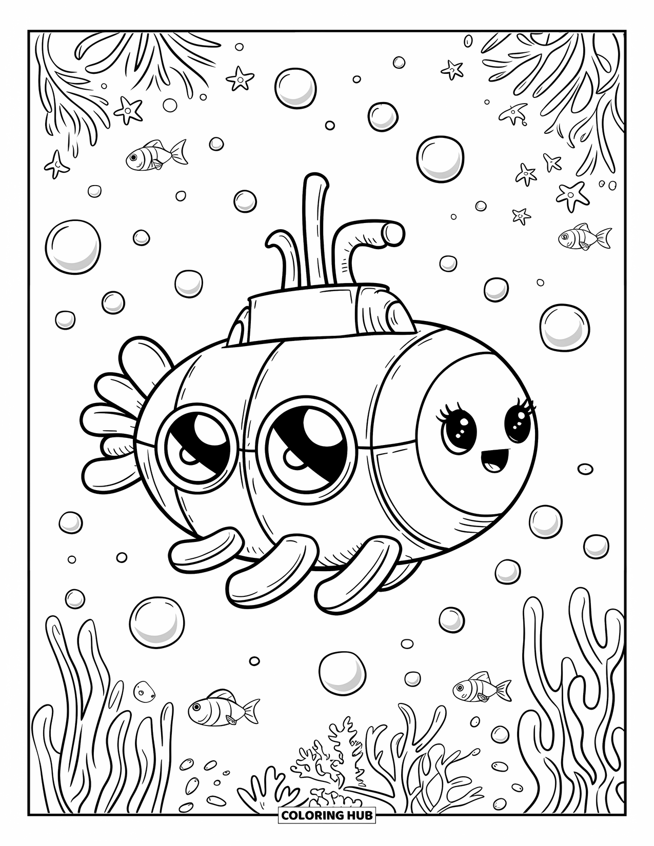 Submarine Coloring Page for Adults: A smiling submarine floats above the seabed, surrounded by bubbles and soft seaweed