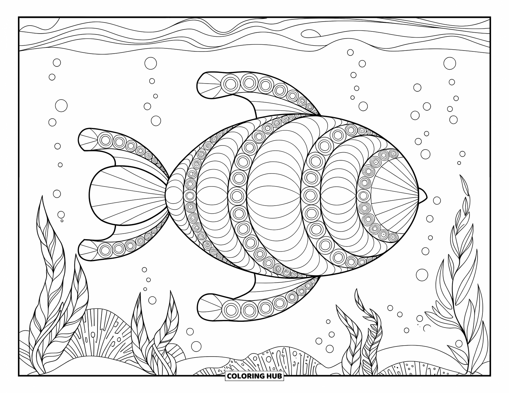 Submarine Coloring Page for Adults: A spiral-patterned submarine floats among seaweed, coral, and artistic underwater details