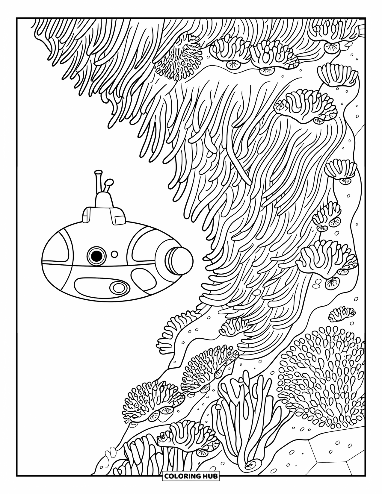 Submarine Coloring Page for Adults: A submarine hovers near a cliff covered in flowing anemones and coral blooms