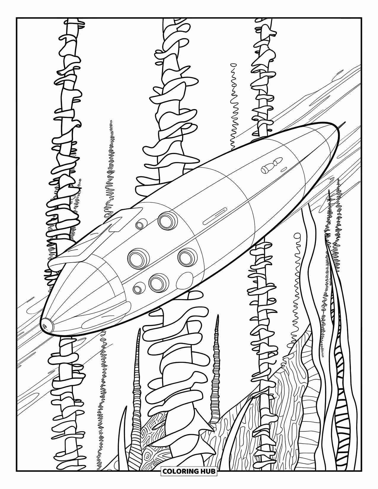 Submarine Coloring Page for Adults: A submarine with round windows glides among spiraled plants in a deep ocean