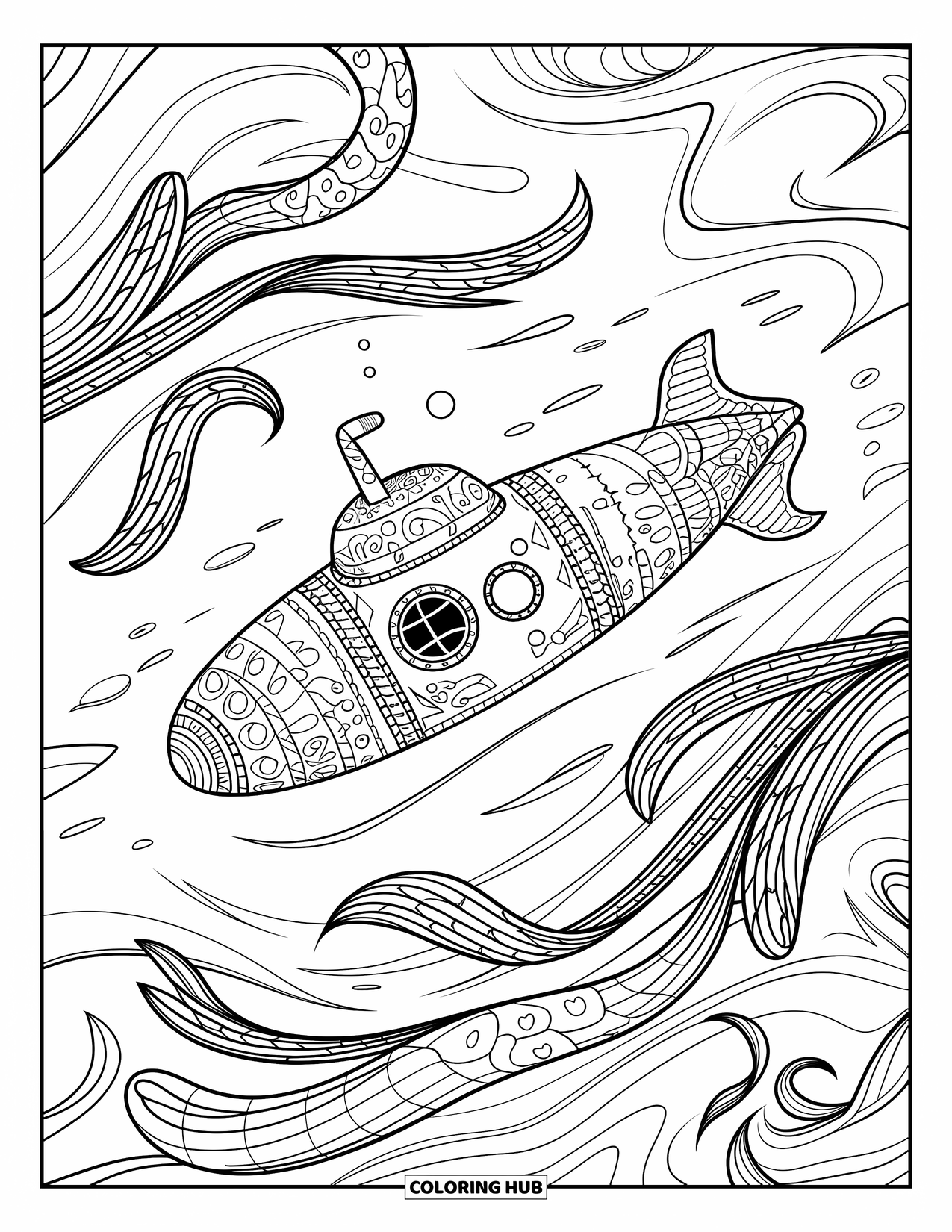 Submarine Coloring Page for Adults: A vintage submarine with a large propeller moves through curly kelp and swirling water