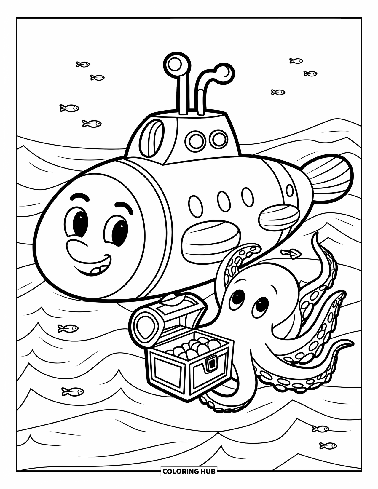 Submarine Coloring Page for Kids: A cheerful submarine and curious octopus float with fish in the ocean waves