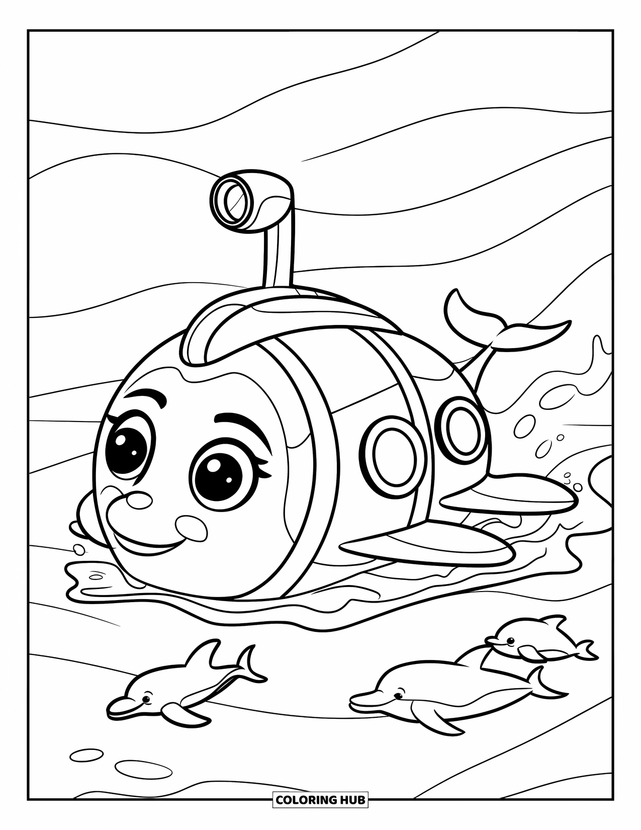 Submarine Coloring Page for Kids: A cheerful submarine with dolphins nearby floats gently with its periscope above water