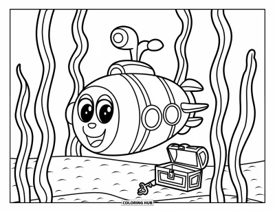 U-Boot-Ausmalbild für Kinder: Ein fröhliches U-Boot mit Fischen in der Nähe treibt über Seegras und einer Truhe mit Schlüssel