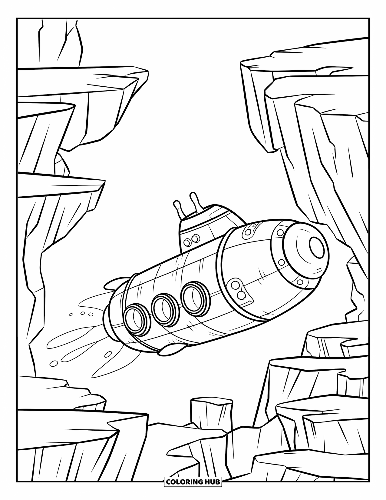 Submarine Coloring Page for Kids: A conical submarine cruises near massive, textured underwater cliffs