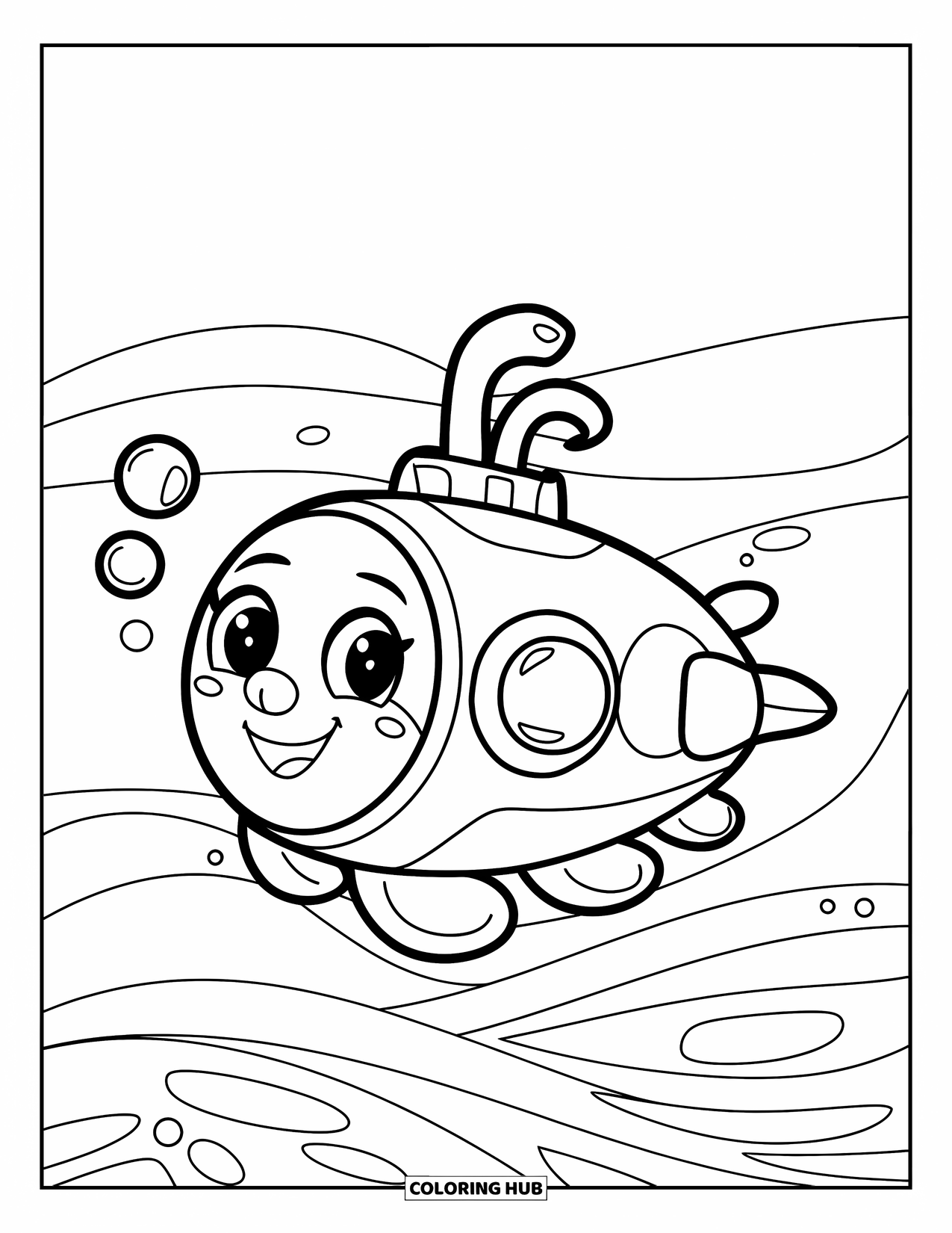 Submarine Coloring Page for Kids: A cute submarine floats gently above the waves with big bubbles nearby
