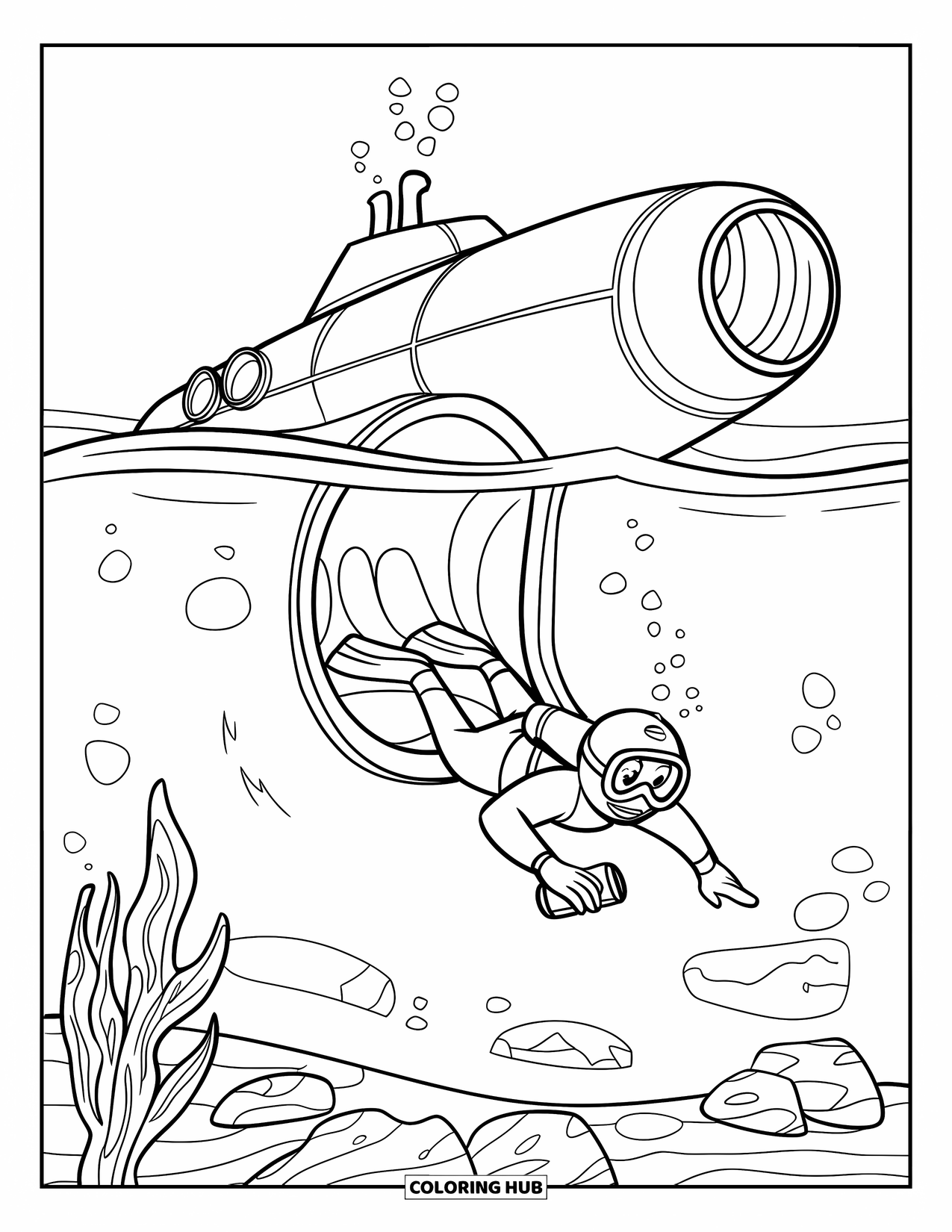 Submarine Coloring Page for Kids: A diver swims out of a submarine hatch with bubbles rising through seaweed and rocks