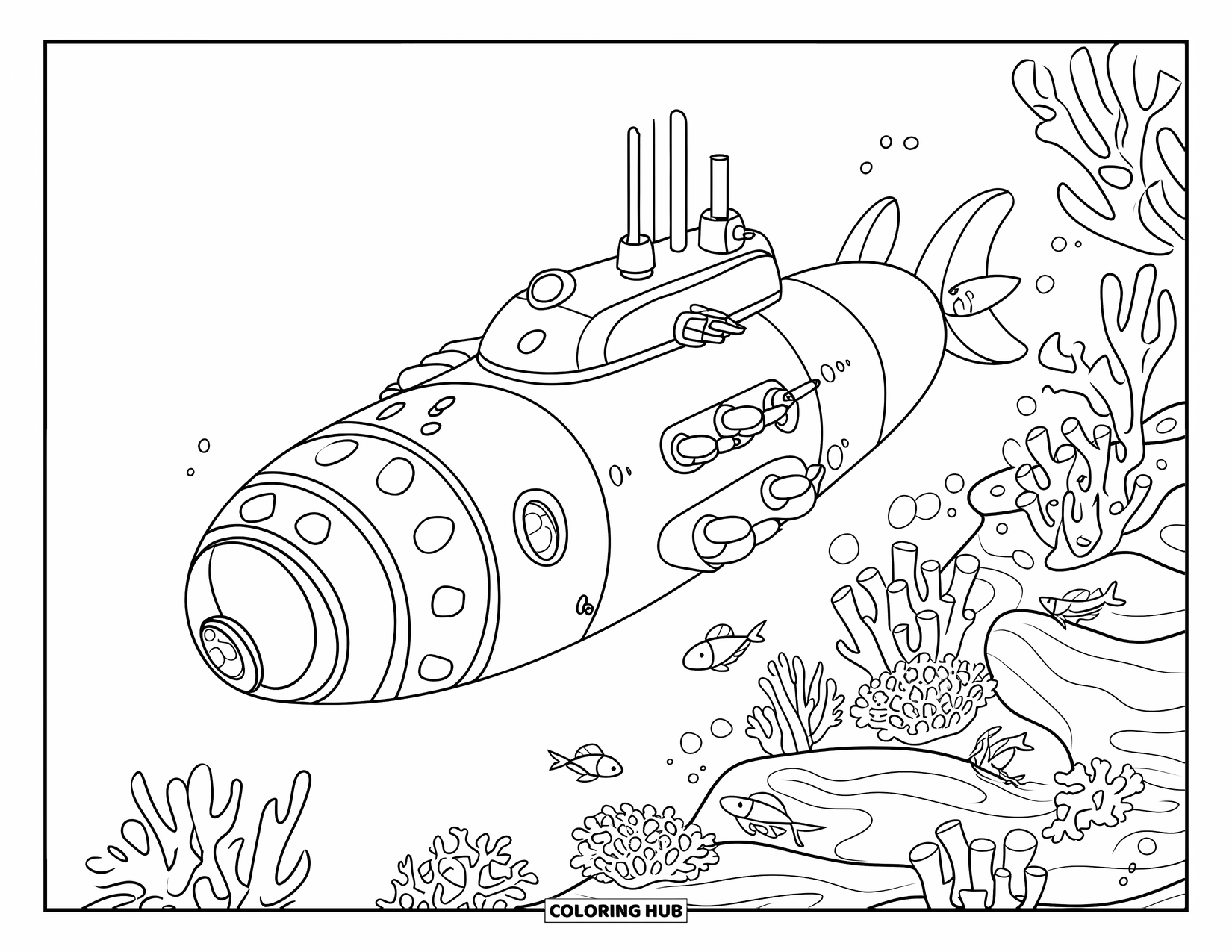 Submarine Coloring Page for Kids: A dome-front submarine explores growing coral surrounded by fish and underwater plants