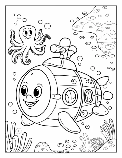 U-Boot-Ausmalbild für Kinder: Ein freundliches U-Boot und ein Oktopus schweben nahe Korallen, umgeben von Meerestieren