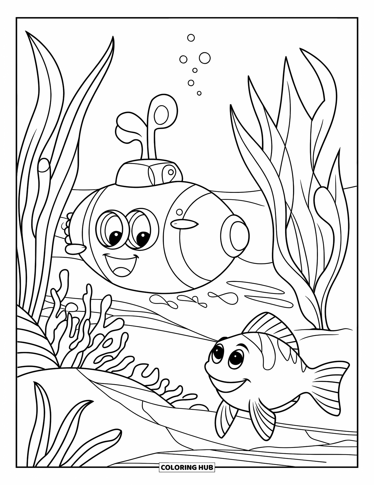 Submarine Coloring Page for Kids: A happy submarine glides by thick seaweed and a big smiling fish