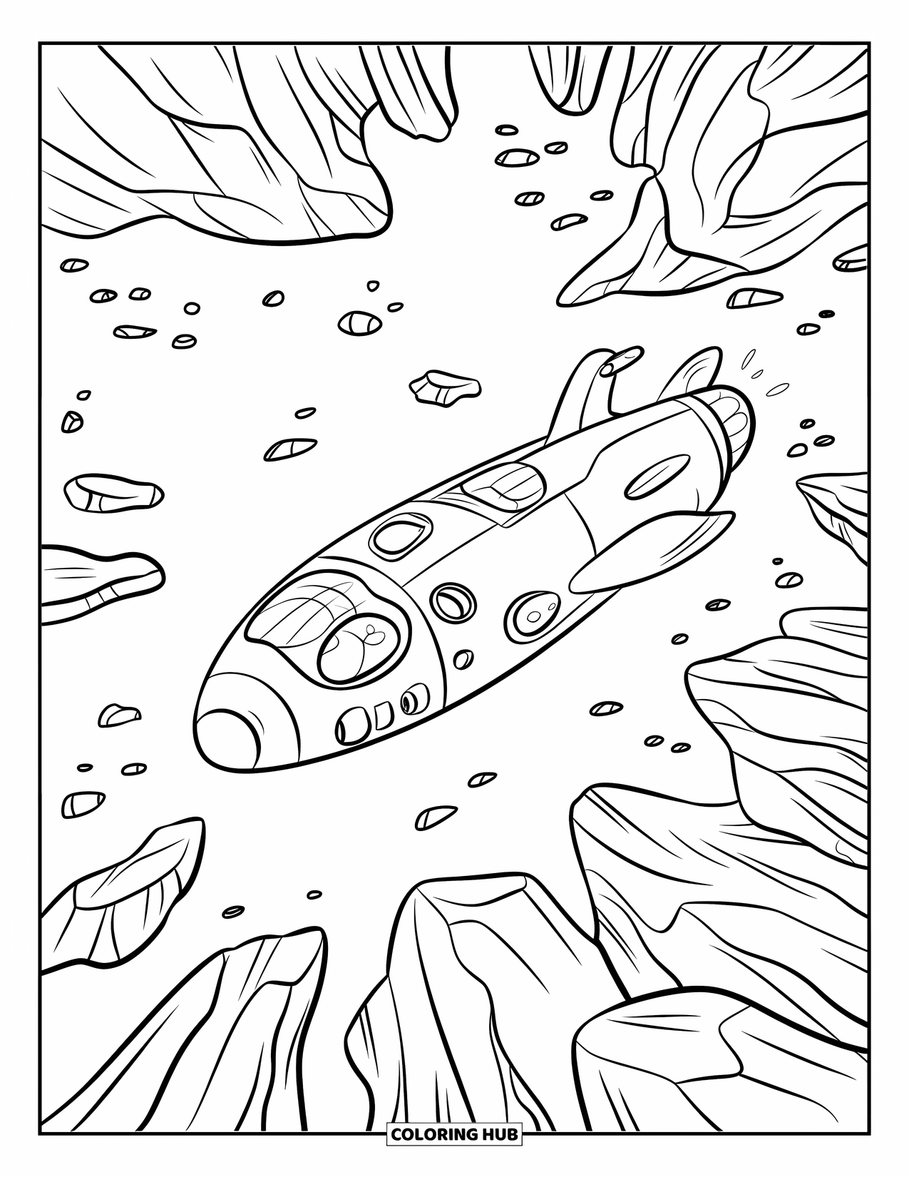 Submarine Coloring Page for Kids: A high-tech submarine with large windows glides through rocky underwater paths