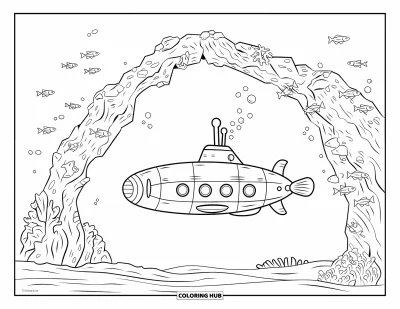 U-Boot-Ausmalbild für Kinder: Ein silbernes U-Boot schwebt unter einem rauen Korallenbogen mit Fischen und aufsteigenden Blasen