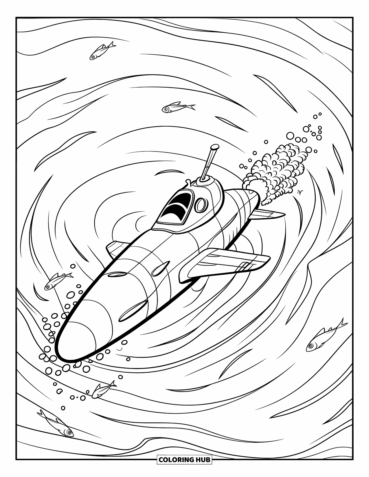 Submarine Coloring Page for Kids: A sleek submarine dives into a deep trench filled with swirling ocean currents