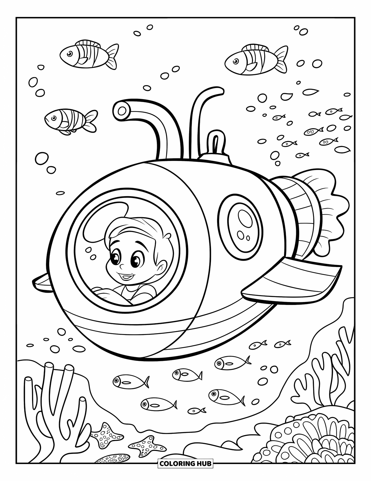 Submarine Coloring Page for Kids: A smiling child peers from a submarine near clams, coral, and playful sea creatures