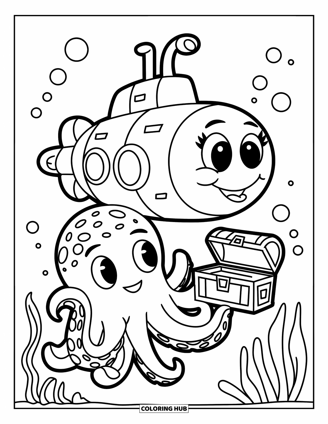 Submarine Coloring Page for Kids: A smiling submarine floats beside a waving octopus holding a treasure chest