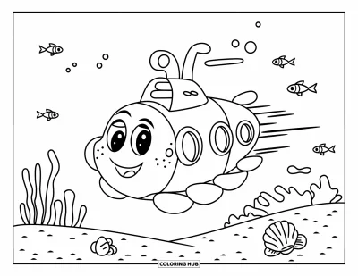 U-Boot-Ausmalbild für Kinder: Ein lächelndes U-Boot schwebt über dem sandigen Meeresgrund, der mit Muscheln und Fischen bedeckt ist