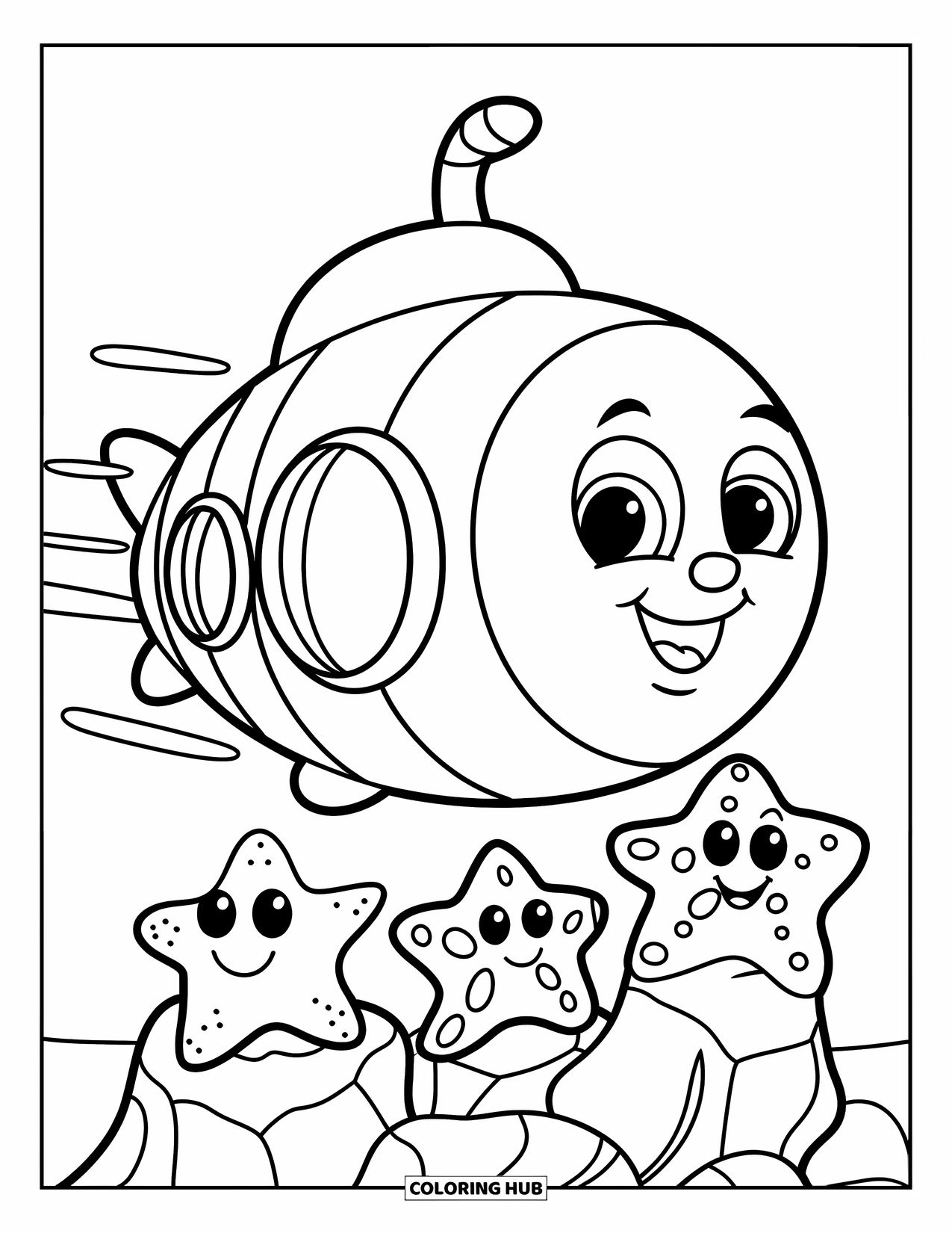 Submarine Coloring Page for Kids: A smiling submarine passes three cheerful starfish resting on a rock