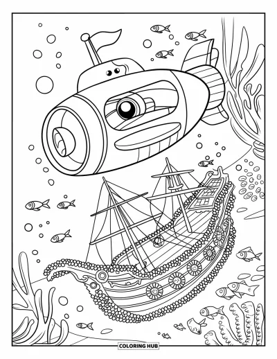 U-Boot-Ausmalbild für Kinder: Ein lächelndes U-Boot mit Flagge erkundet ein korallenumranktes Piratenschiff und Meereslebewesen
