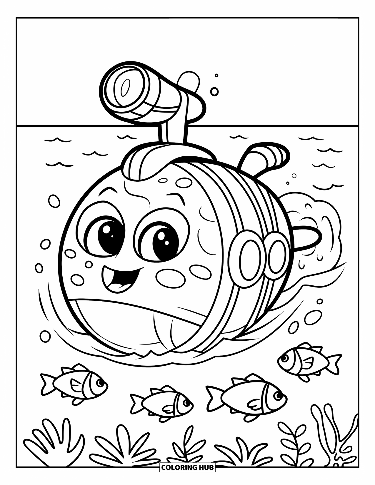 Submarine Coloring Page for Kids: A smiling submarine with a periscope peeks out of calm water near swimming fish