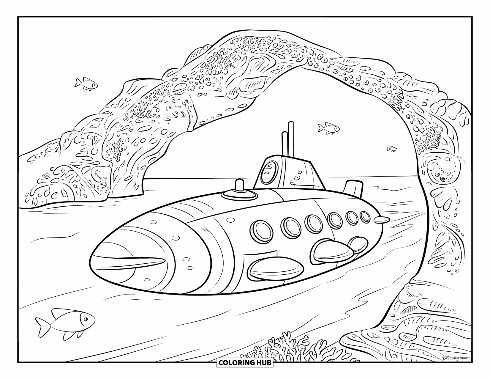 Submarine Coloring Page for Kids: A smooth submarine glides under an ornate coral-rock arch with fish nearby