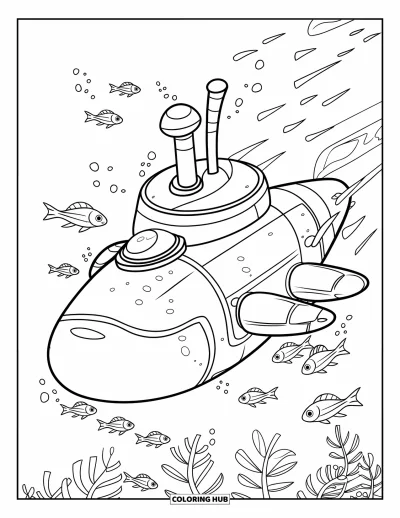 U-Boot-Ausmalbild für Kinder: Ein U-Boot mit Sonar gleitet mit Fischen durch eine ruhige Unterwasserszene