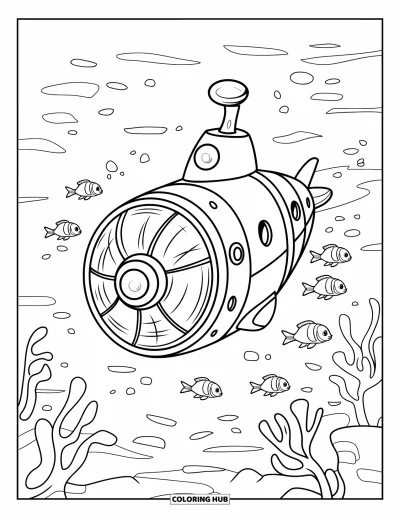U-Boot-Ausmalbild für Kinder: Ein Sonar-U-Boot schwebt nahe weicher Koralle, während Fische vorbeischwimmen