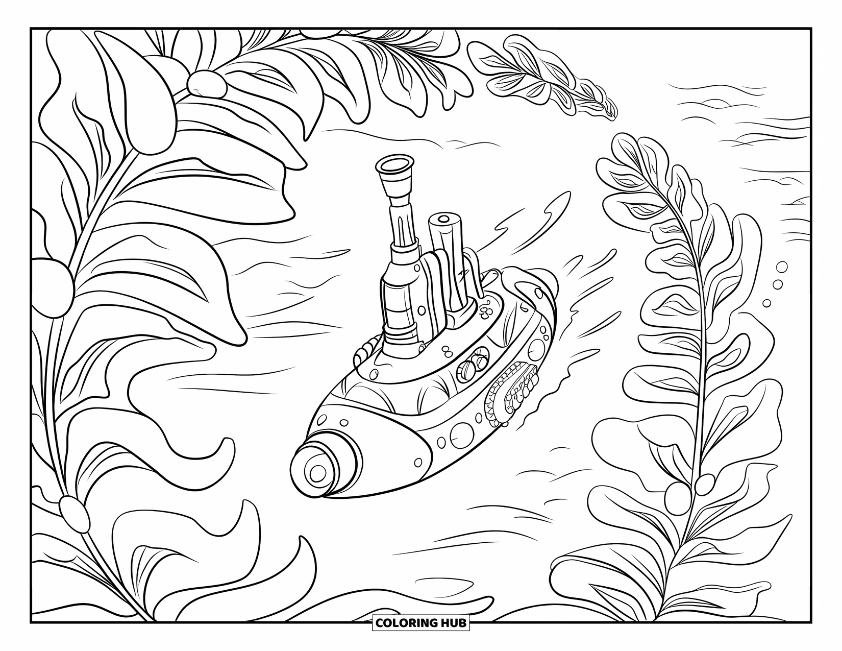 Submarine Coloring Page for Kids: A steampunk-style submarine moves through swirling kelp in the open sea
